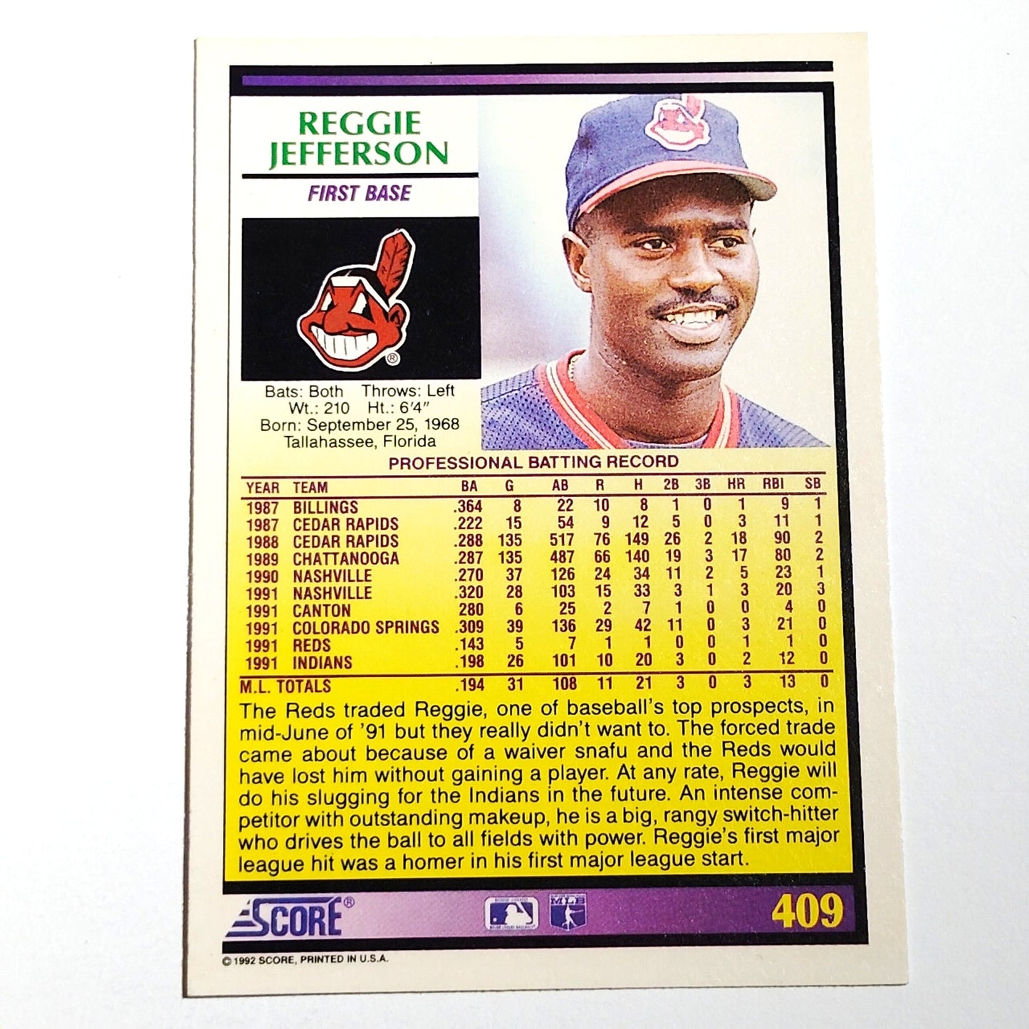 1992 Score Reggie Jefferson #409 Cleveland Indians Rookie Prospect 1B NM