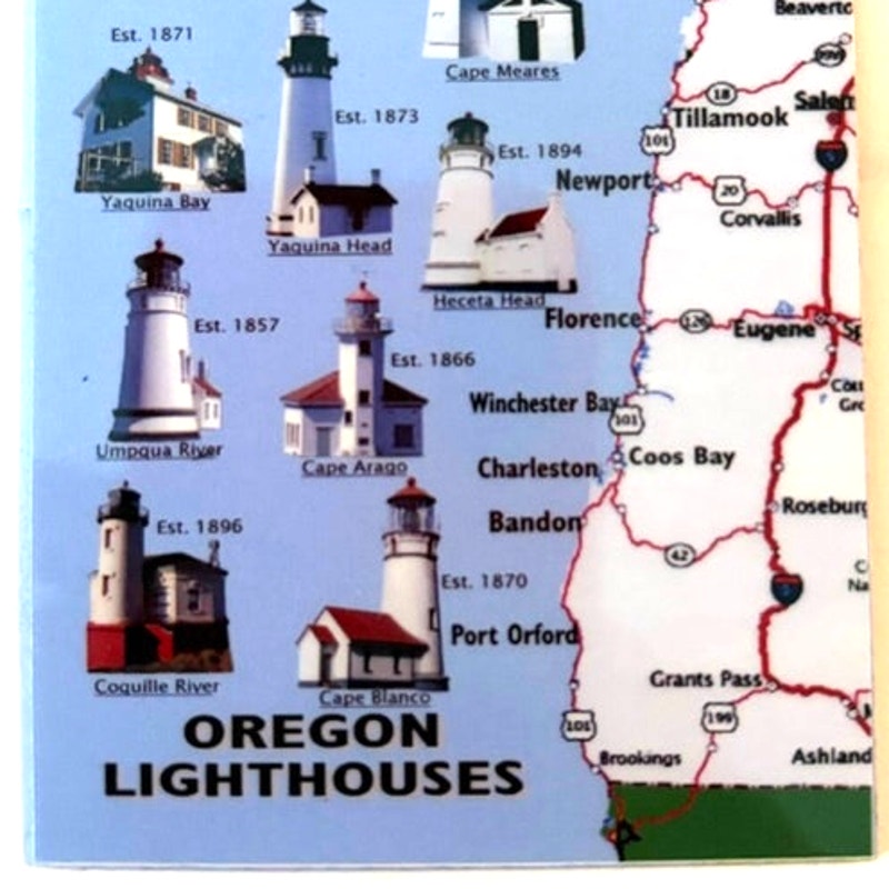 Oregon Lighthouses Fridge Magnet Coastal Map & Lighthouse Illustrations 3.25x2.5