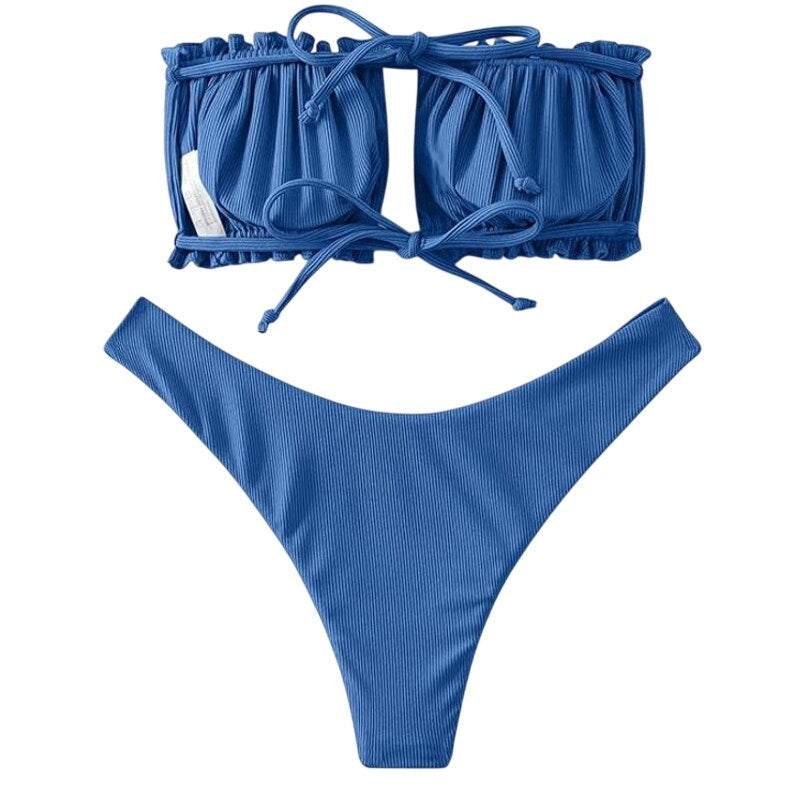 ZAFUL Women’s Ruffle Ribbed Self‑Tie Bandeau Bikini Set – Blue – Small (4) – NWT