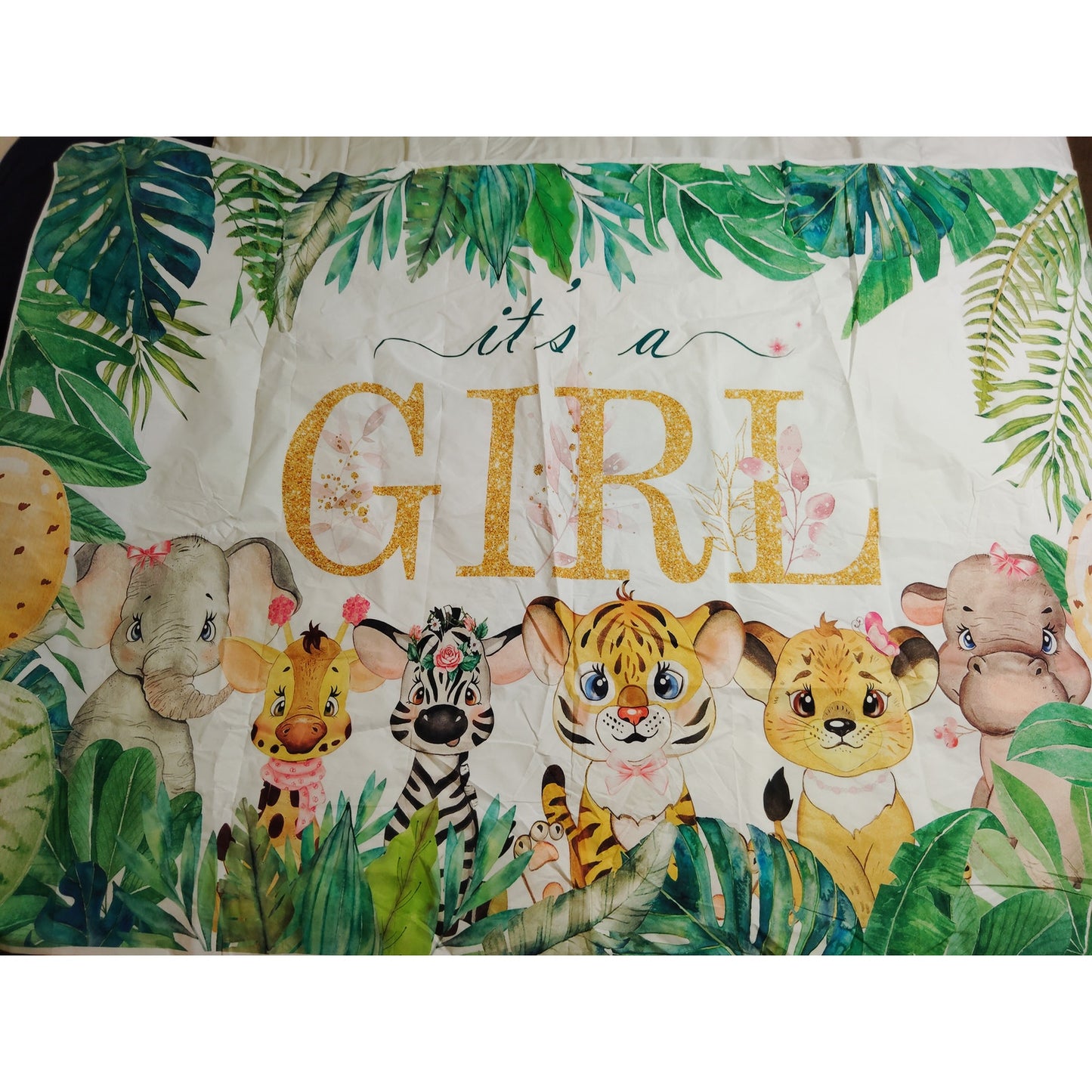 Safari Baby Shower Backdrop – 80"x60" Jungle Theme “It’s a Girl” Banner with Cute Animal Graphics