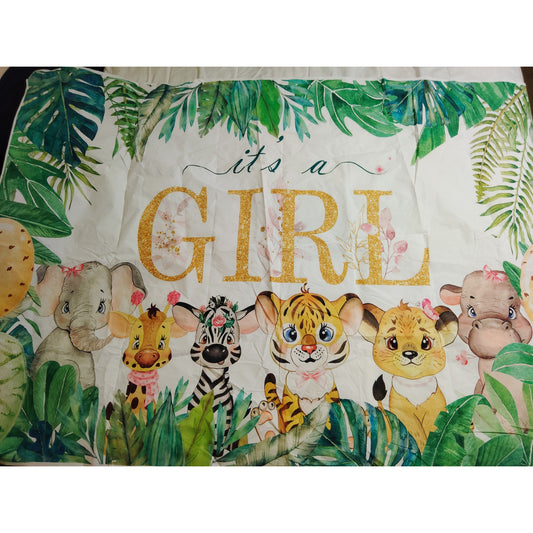 Safari Baby Shower Backdrop – 80"x60" Jungle Theme “It’s a Girl” Banner with Cute Animal Graphics