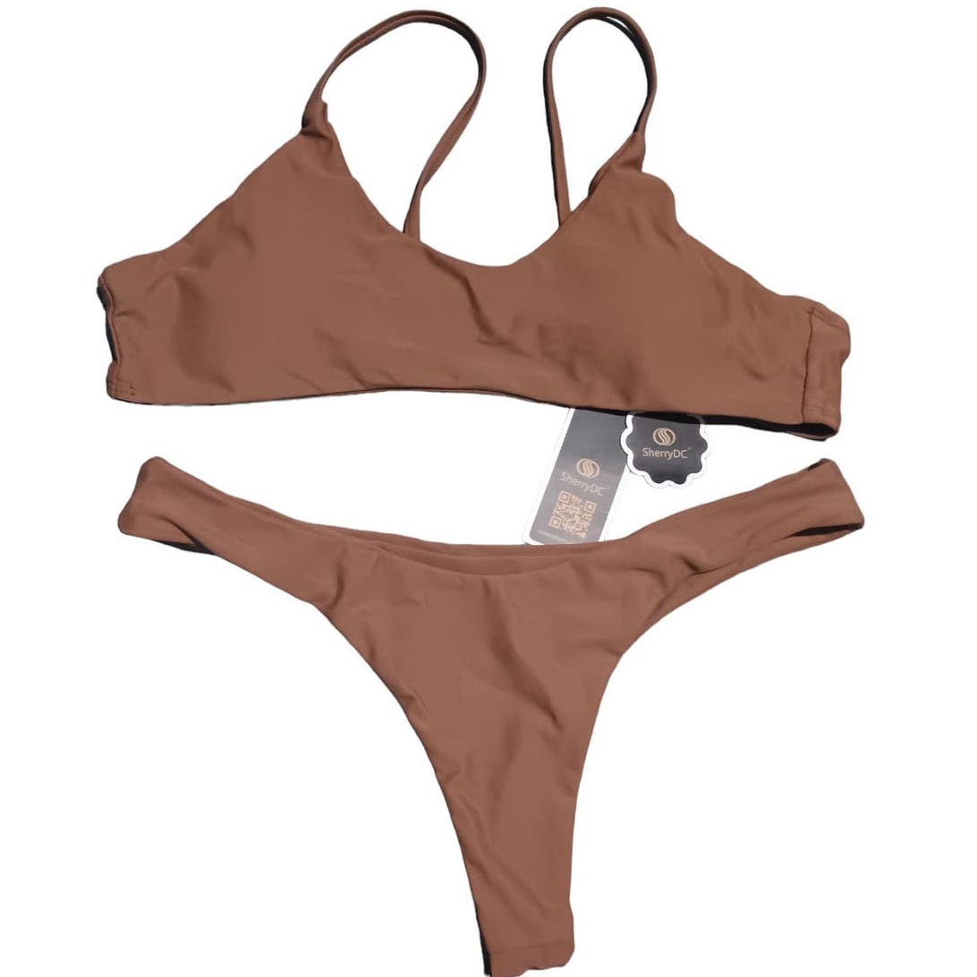 SherryDC Solid Scoop Neck Push up Padded Brazilian Thong Bikini, Brown, L