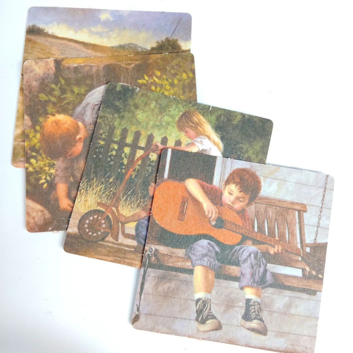 Set of 4 VTG Rustic Americana Kids Coasters Reversible Country Painting Scenes