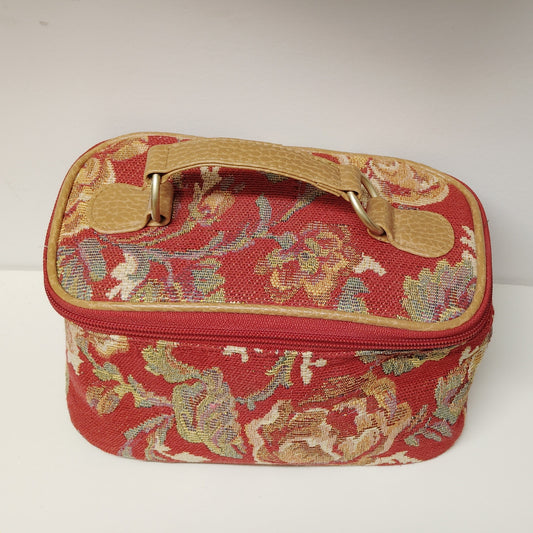 Vintage Floral Tapestry Small Train Case Red Yellow Gold Travel Bag 8x4.5x4.75"