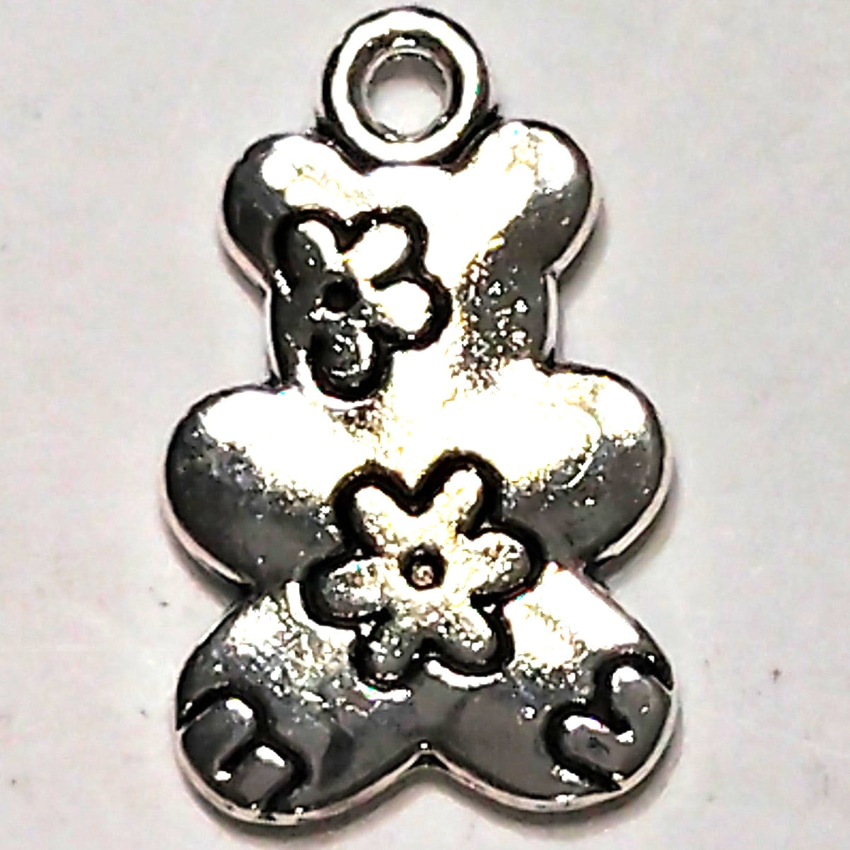 Teddy Bear Charm Patinated Silver‑Tone Alloy with Flower Details 5/8" Pendant