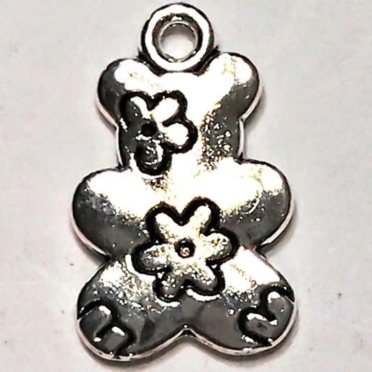 Teddy Bear Charm Patinated Silver‑Tone Alloy with Flower Details 5/8" Pendant
