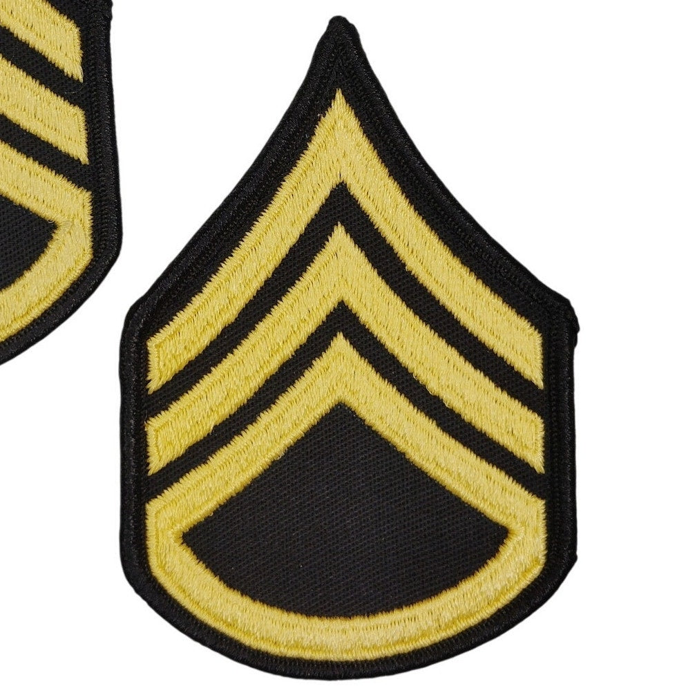 US Army Staff Sergeant E‑6 ASU Chevrons, Gold on Black, Female 4" × 2‑3/4" Sew‑O
