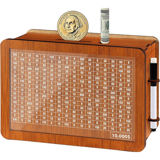 Savings Challenge Box – Wooden Cash Vault w/ Counter & Pen, Brown