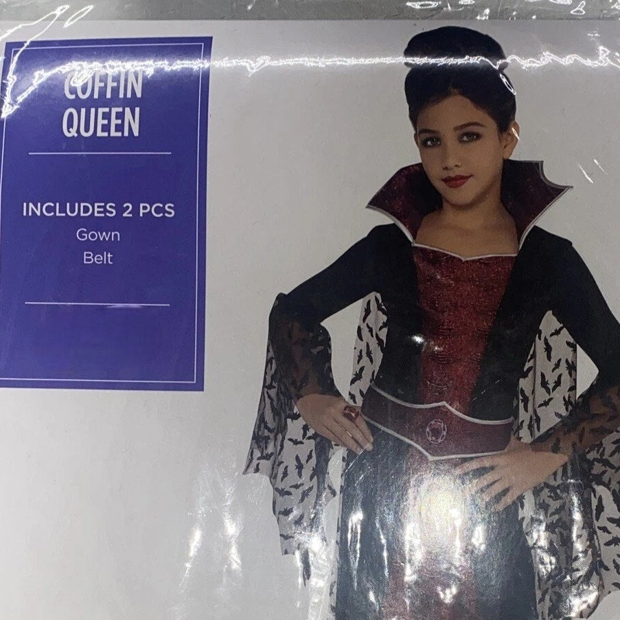Girls Coffin Queen Vampire Costume, Med (8–10 Years), Black & Red Deluxe Set