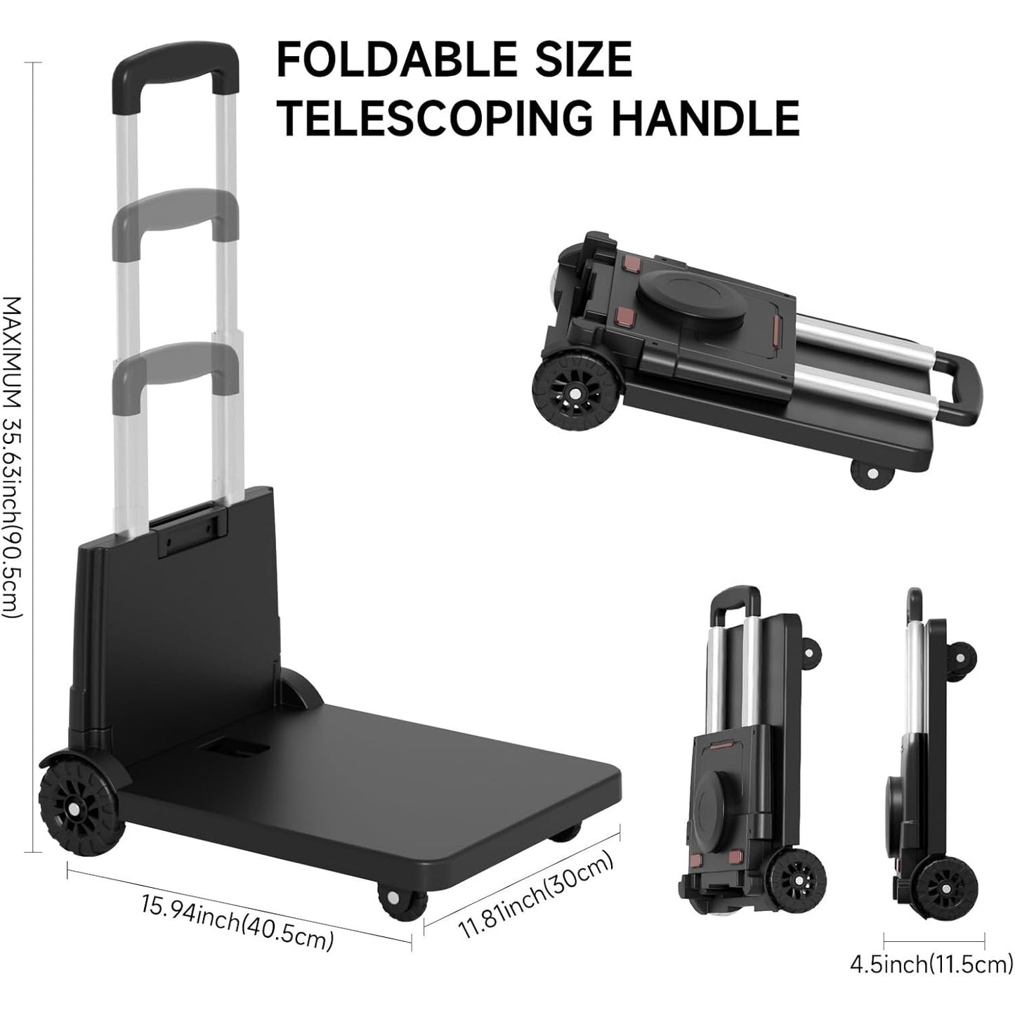 HD Folding Trolley Cart, 220 lb Cap., 4 Wheels, Bungee Cord, Telescopic Handle