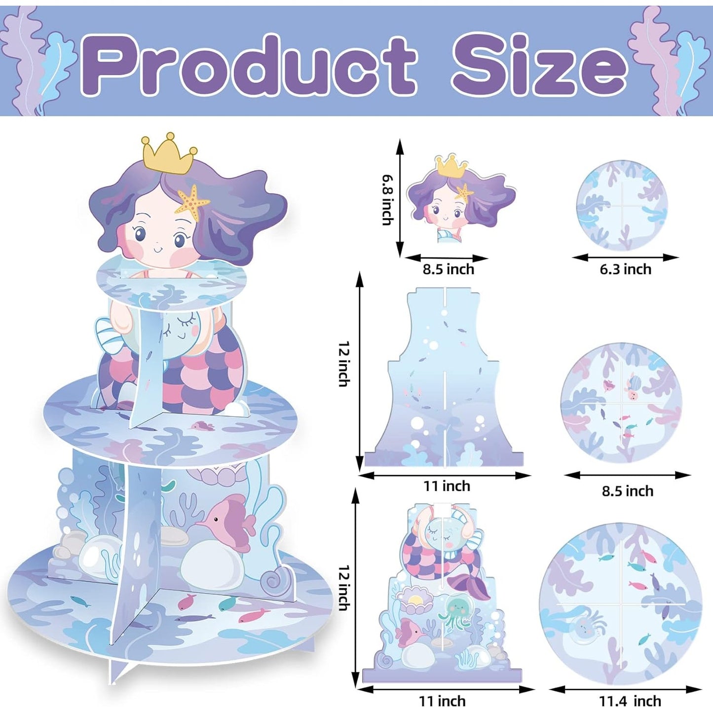 Mermaid 3-Tier Cupcake Stand with 24 Toppers – for Birthday or Baby Shower