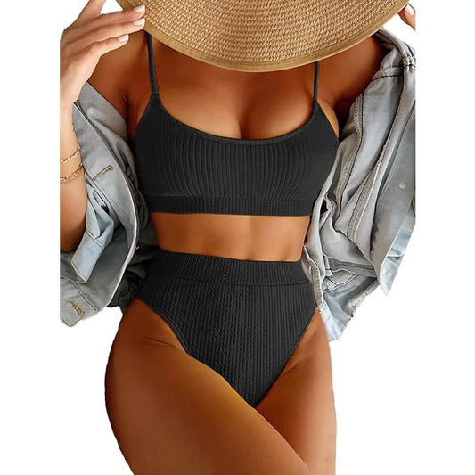 Ribbed Sporty Brazilian Cheeky Cut Leg Rise Bottom Crop Push Up, Black, Small