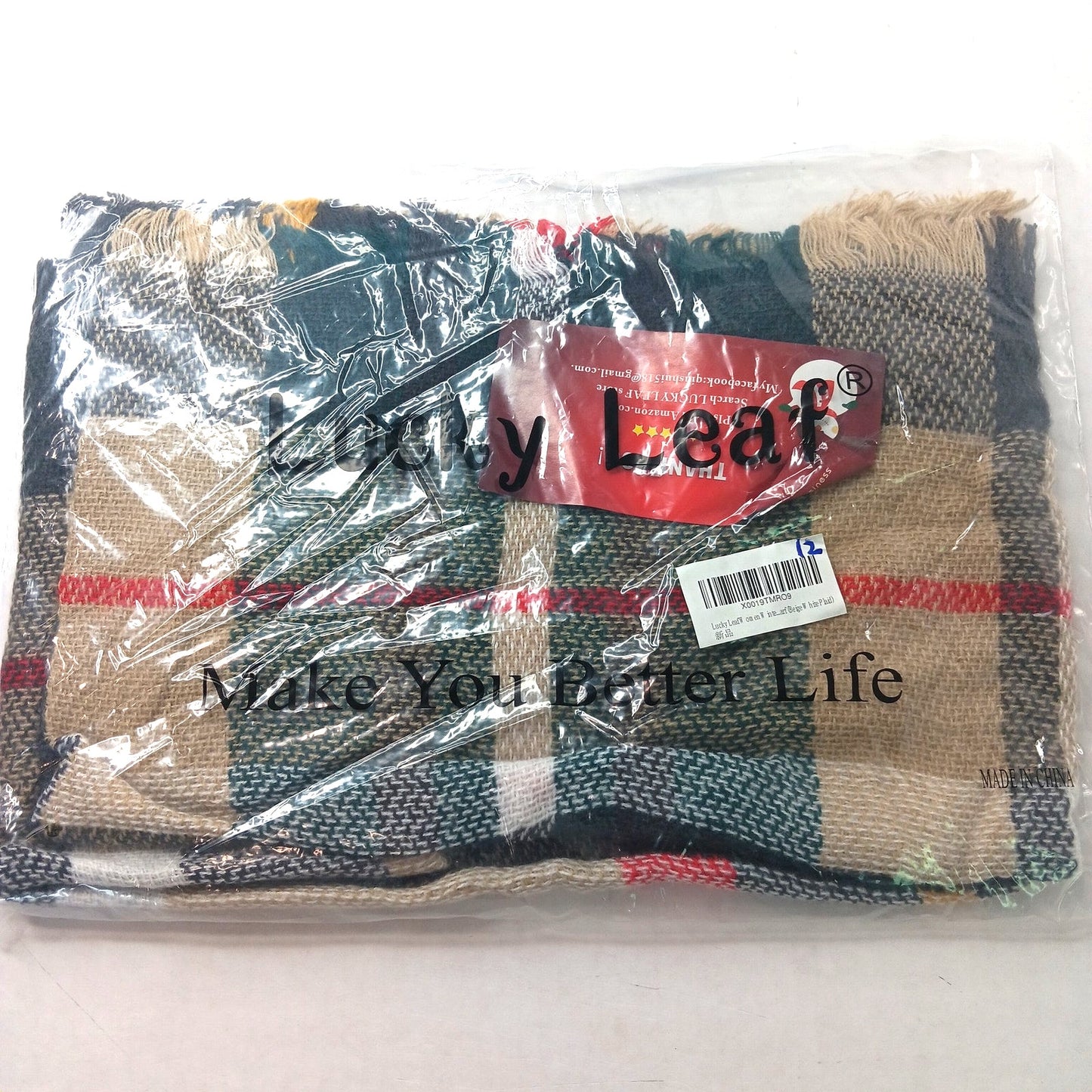 Lucky Leaf Infinity Scarf Beige Black Red Plaid Acrylic 36 × 20 Fall/Winter Wear