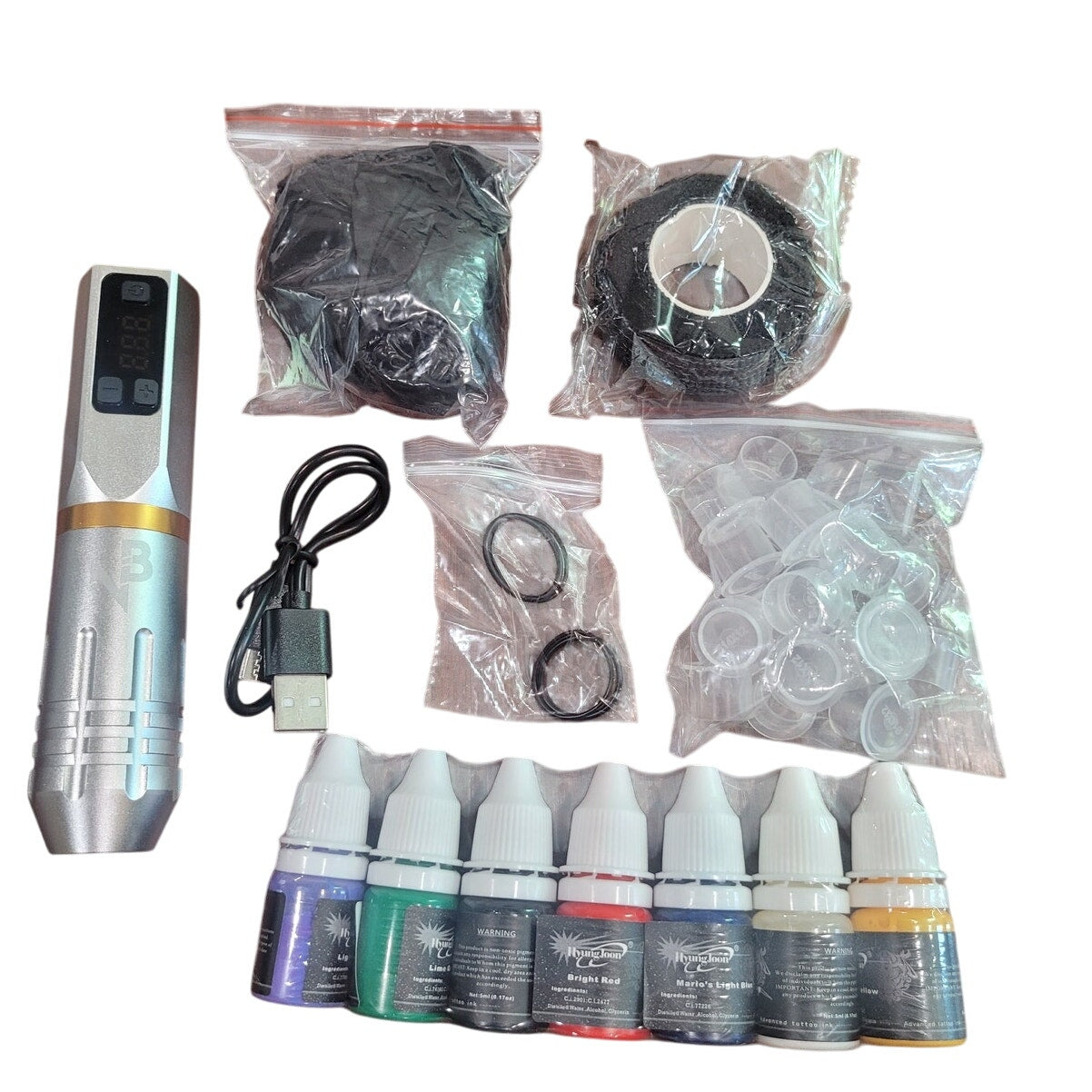 Wireless Tattoo Machine Kit, 20 Needles, 7 Inks, Cups, Covers, Transfer Paper, Practice Skins