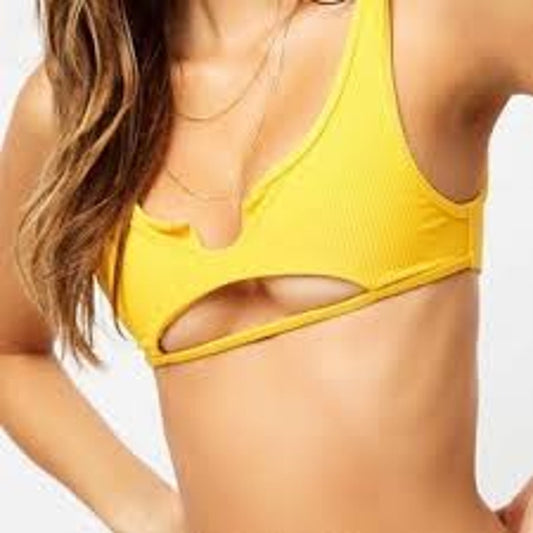 Peddney Yellow Ribbed Bikini Top Women’s Medium Scoop Neck Cutout Swim NWT