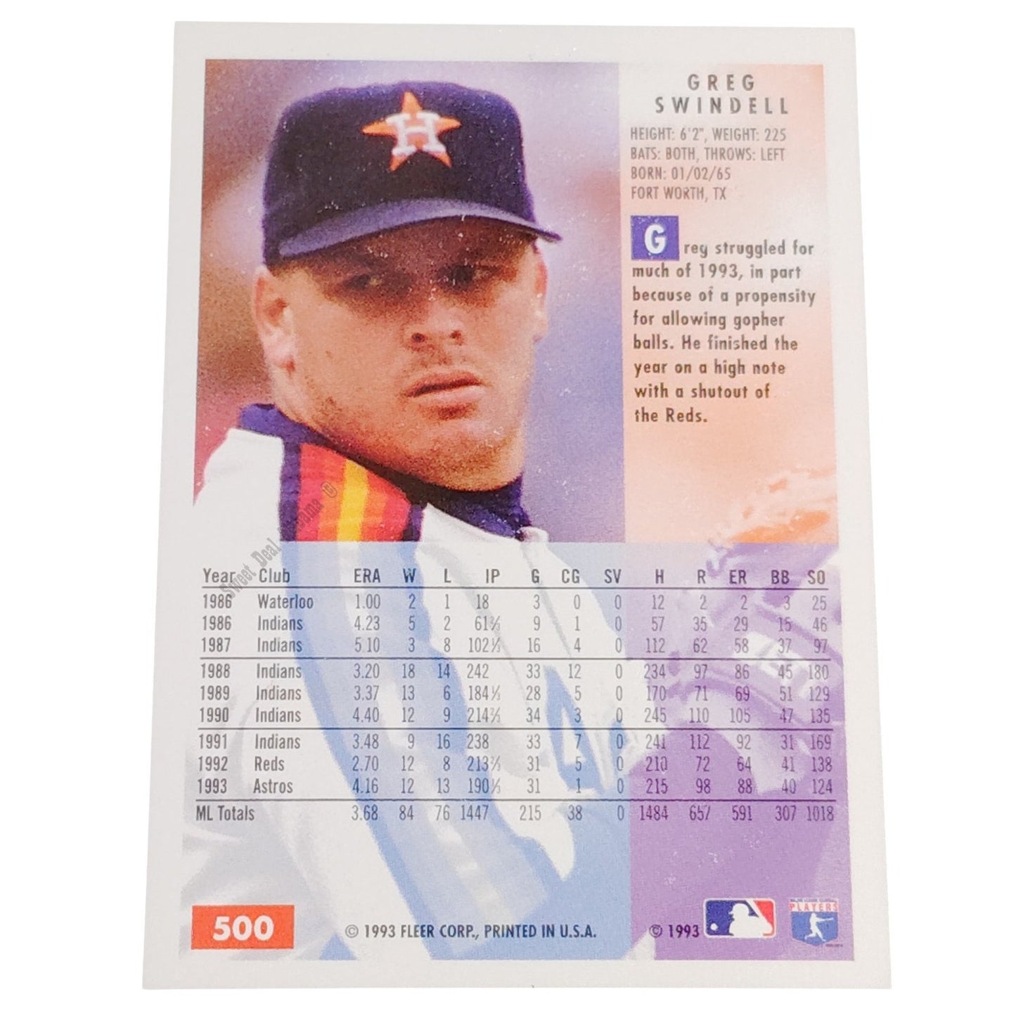 Greg Swindell, Houston Astros, #500, 1994 Fleer Baseball Collector's Card