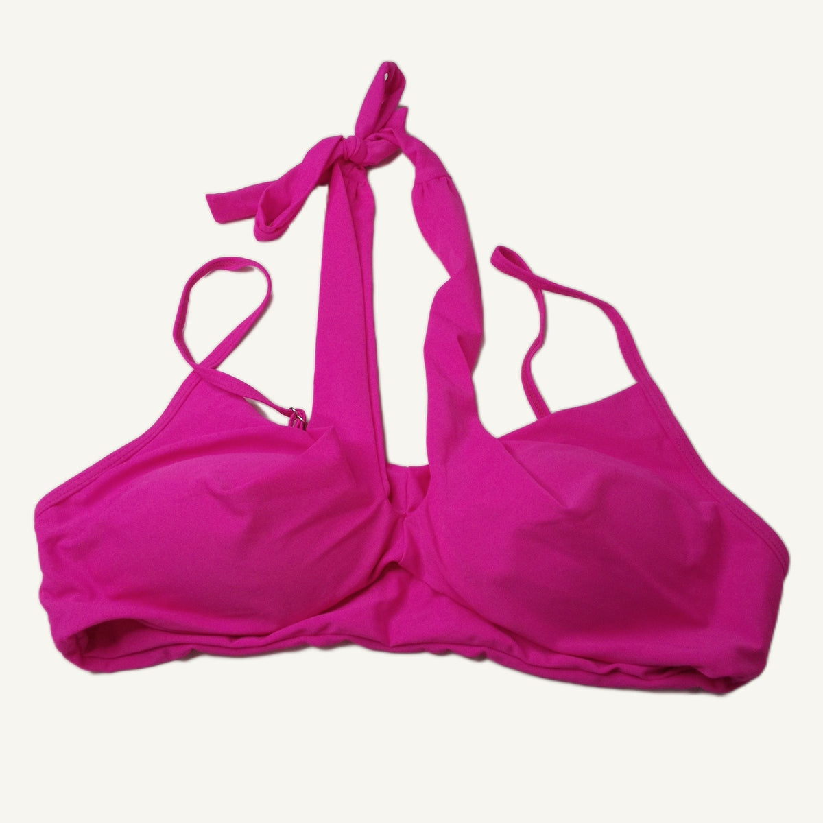 Hot Pink Ribbed Halter Bikini Top Women's Size L Nylon Spandex Swimwear