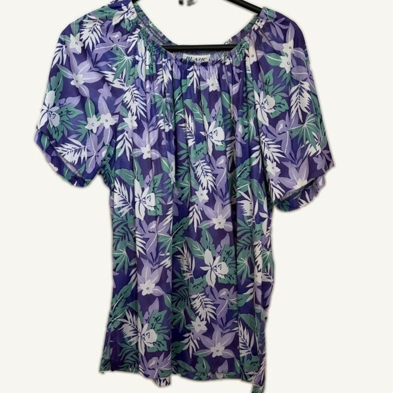 Blair Women's Floral Print Gathered Neck Top Purple Teal Size L Polyester