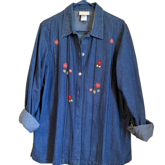 Blair Women's 2-Piece Denim Tank Top & Button-Up Shirt Floral Embroidered L