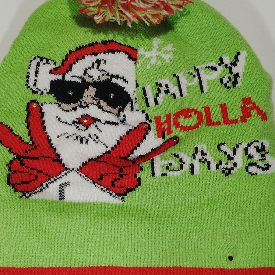 Light Up Holiday Winter Skull Cap "Happy Holla Days" LED Pom Beanie Hat Adult OS