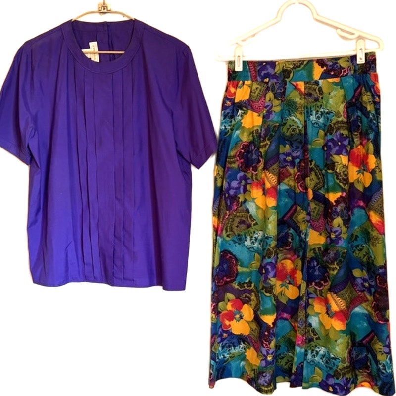Cymbrion Purple Pleated Top Norton McNaughton Floral Maxi Skirt Set 14