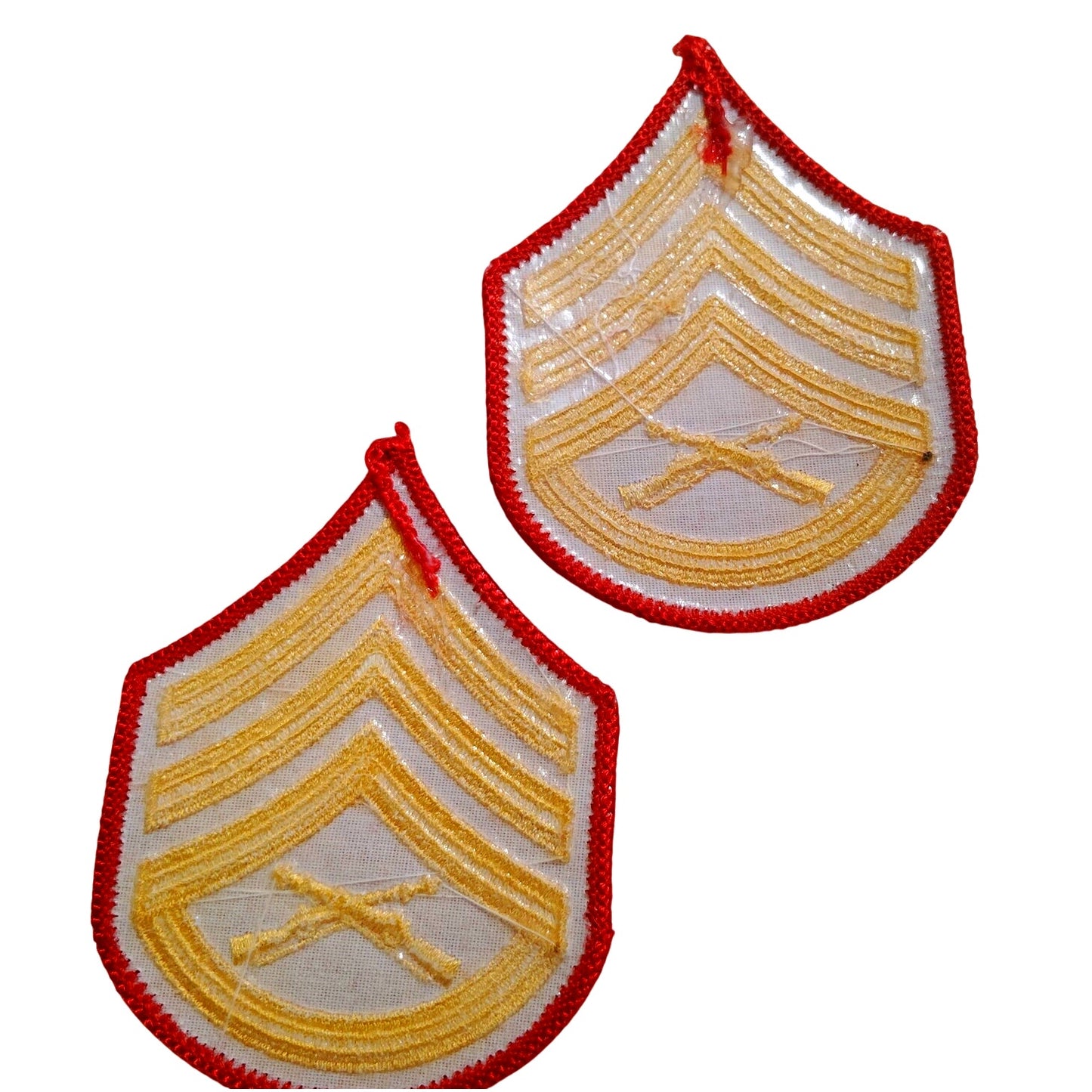 USMC Staff Sergeant E‑6 Chevrons – Gold on Red – Female – 3‑3/4" × 2‑7/8"