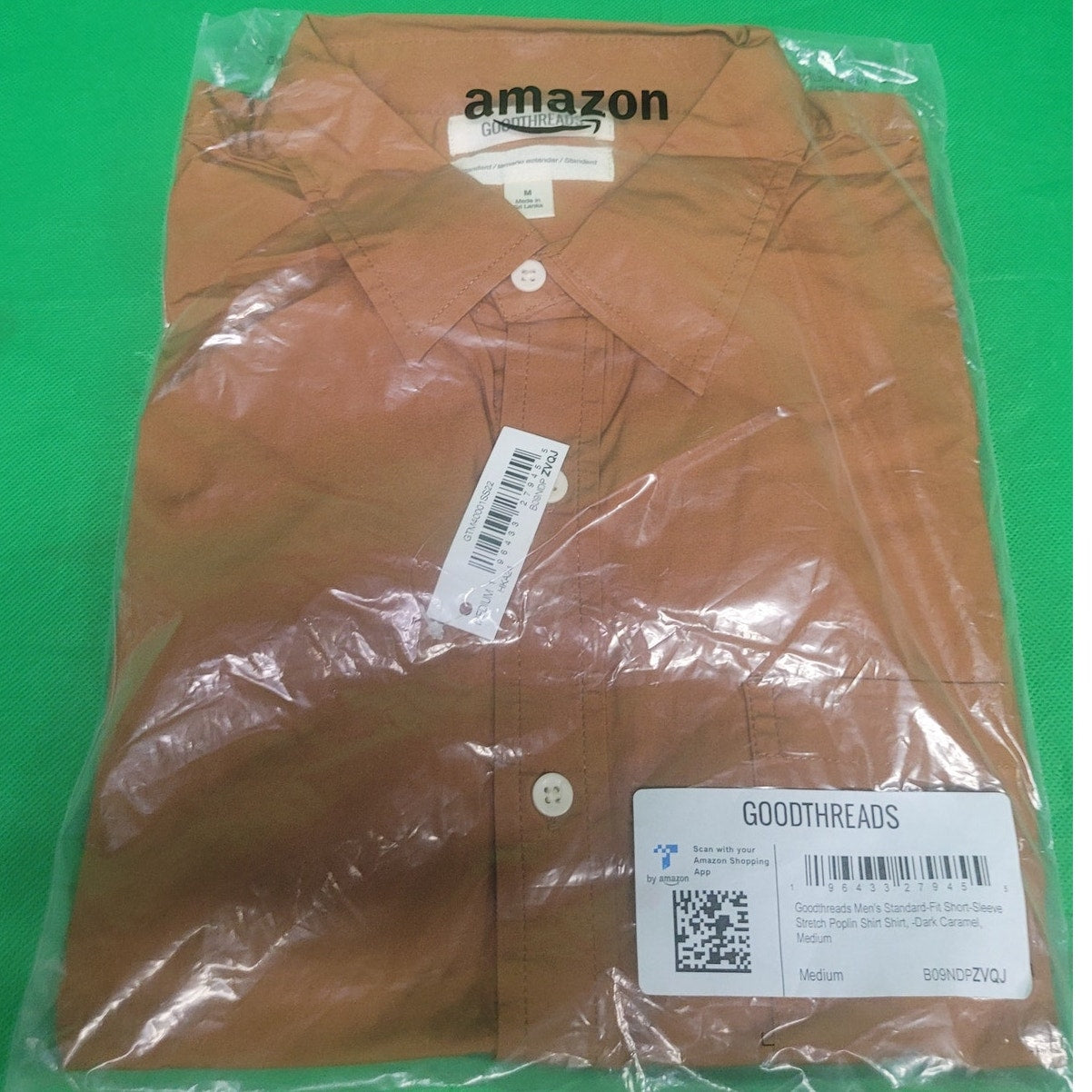 Goodthreads Standard-Fit Short-Sleeve Button-Down Stretch Poplin Shirt, Dark Caramel, Medium, NWT