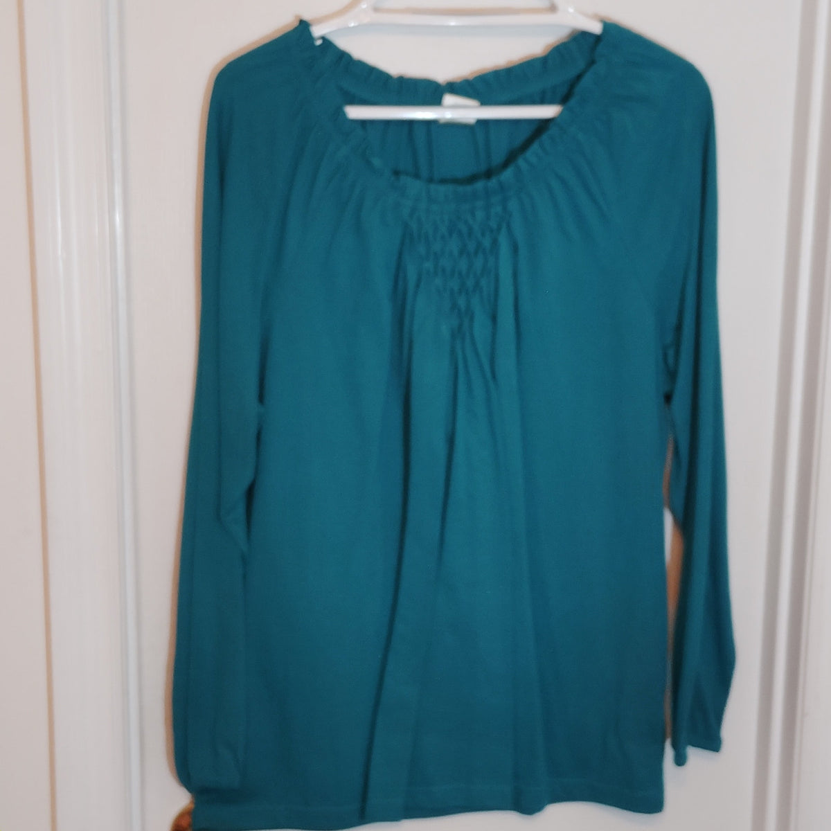 Blair Green Navy Plaid Overshirt Teal Smocked Top 2-PC Set Women’s Large EUC