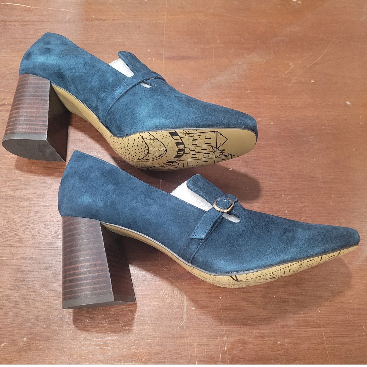 Bella Vita Ashton Pump – Navy Suede Leather, Womens 9 XW, Block Heel Square Toe