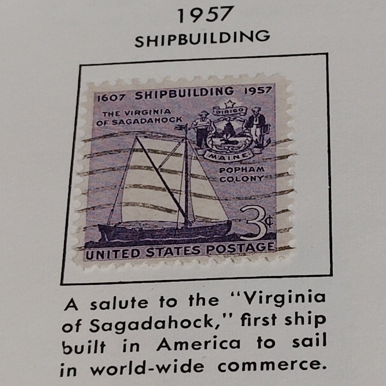 1957 Scott #1095 – 3¢ Virginia of Sagadahock / Shipbuilding – Canceled