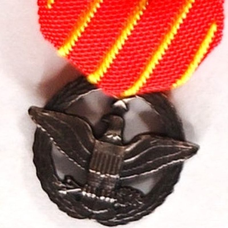 Mini USAF Combat Action Medal 2" × 3/4" Oxidized Silver Clutch‑Back Pin