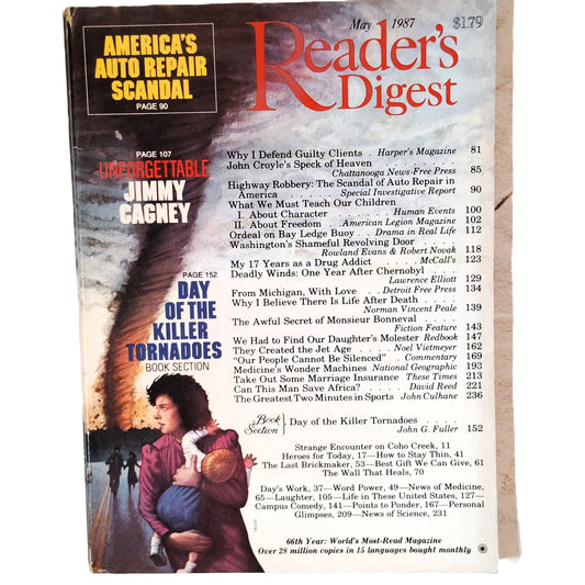 Vintage Reader's Digest May 1987 Magazine - Jimmy Cagney Chernobyl Tornadoes