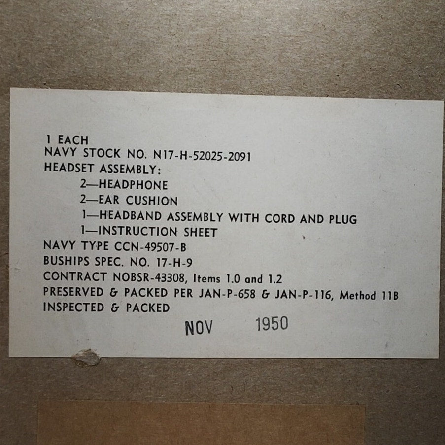 1950 US Navy Headset Assembly CCN-49507-B N17-H-52025-2091 Buships Spec 17-H-9