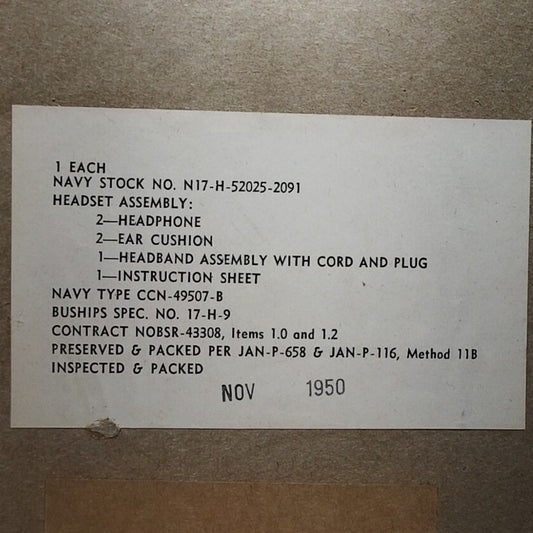 1950 US Navy Headset Assembly CCN-49507-B N17-H-52025-2091 Buships Spec 17-H-9