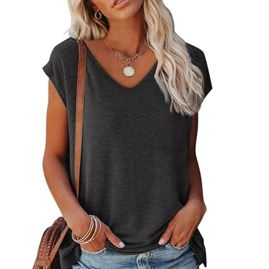 Women’s Cap Sleeve Tank Top – U Neck Casual Loose Fit Blouse, Black, XL