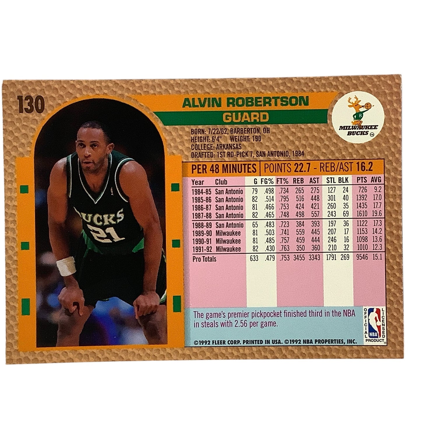 Alvin Robertson (G), Card #130, Milwaukee Bucks, 1992-93 Fleer NBA
