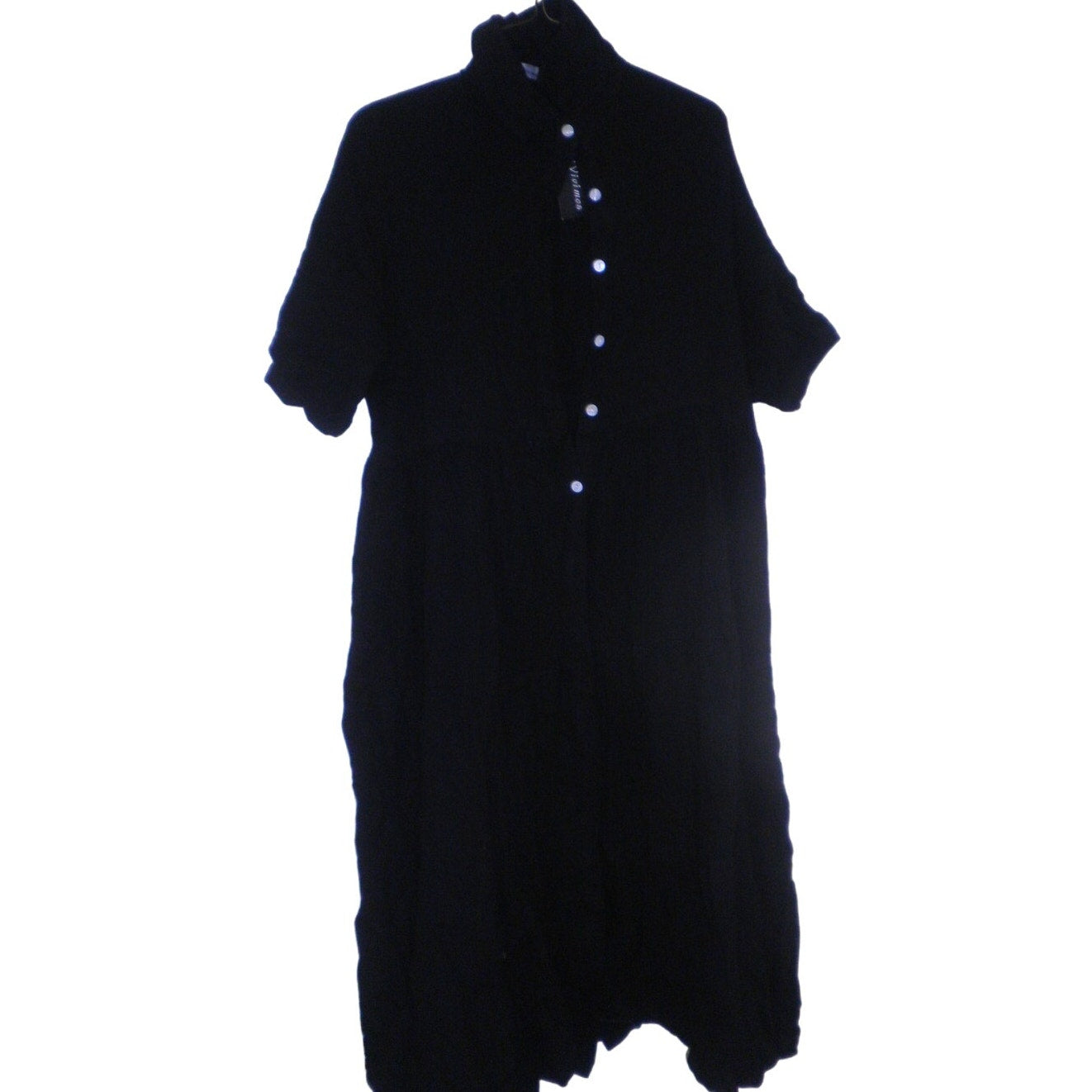 Summer Cotton Half Sleeves Button Down Loose Slit Midi Dress w/ Pockets, Blk, SM