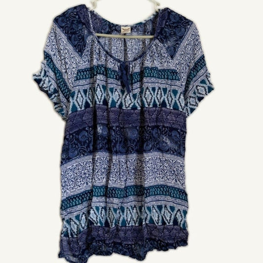 Faded Glory Women's Plus 1X Blue White Mixed Print Short Sleeve Peasant Top