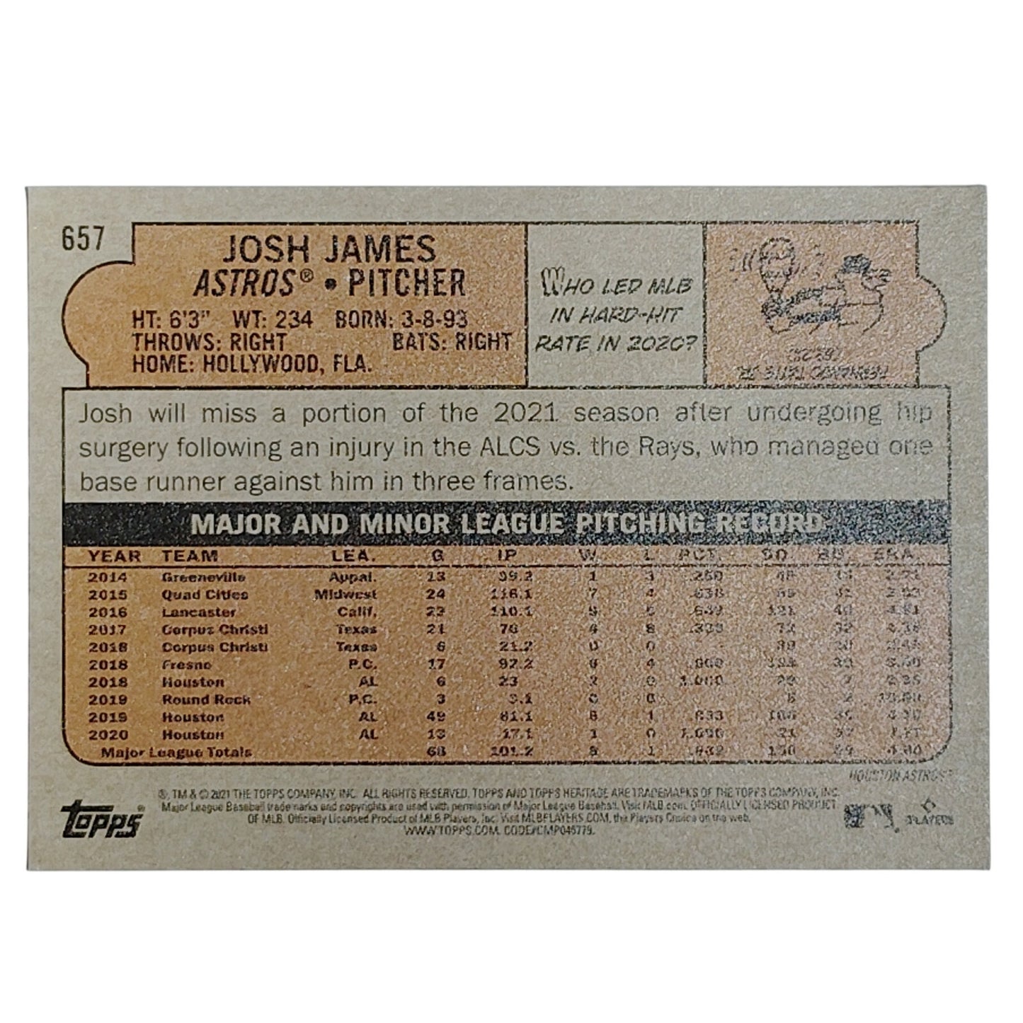 2021 Topps Heritage Josh James 657 Houston Astros Pitcher Baseball VG/EX