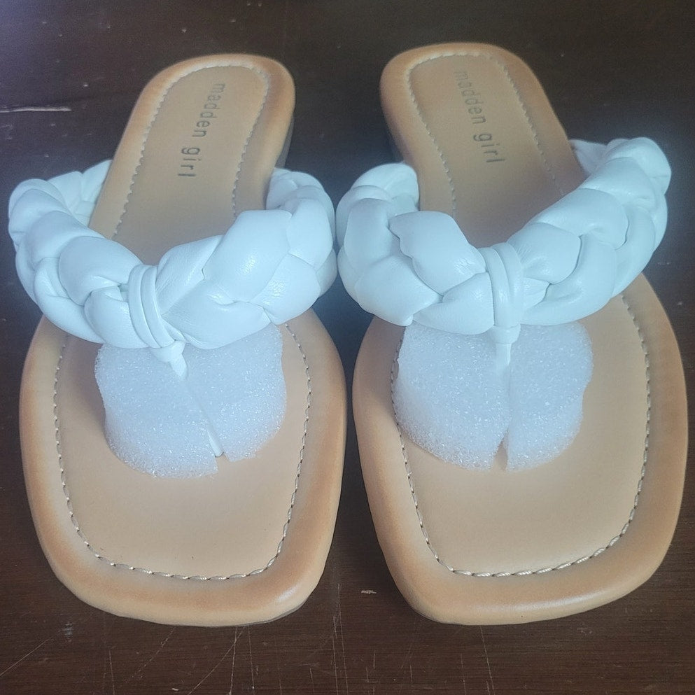 Madden Girl Precise Sandal – White Paris, Women’s 6, Braided Thong Flat Slip-On