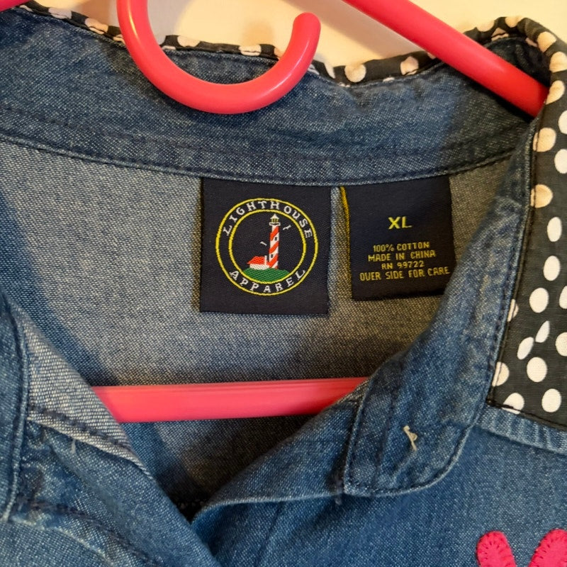 Lighthouse Apparel XL Denim Jacket Patchwork Birdhouse Floral Polka Dot