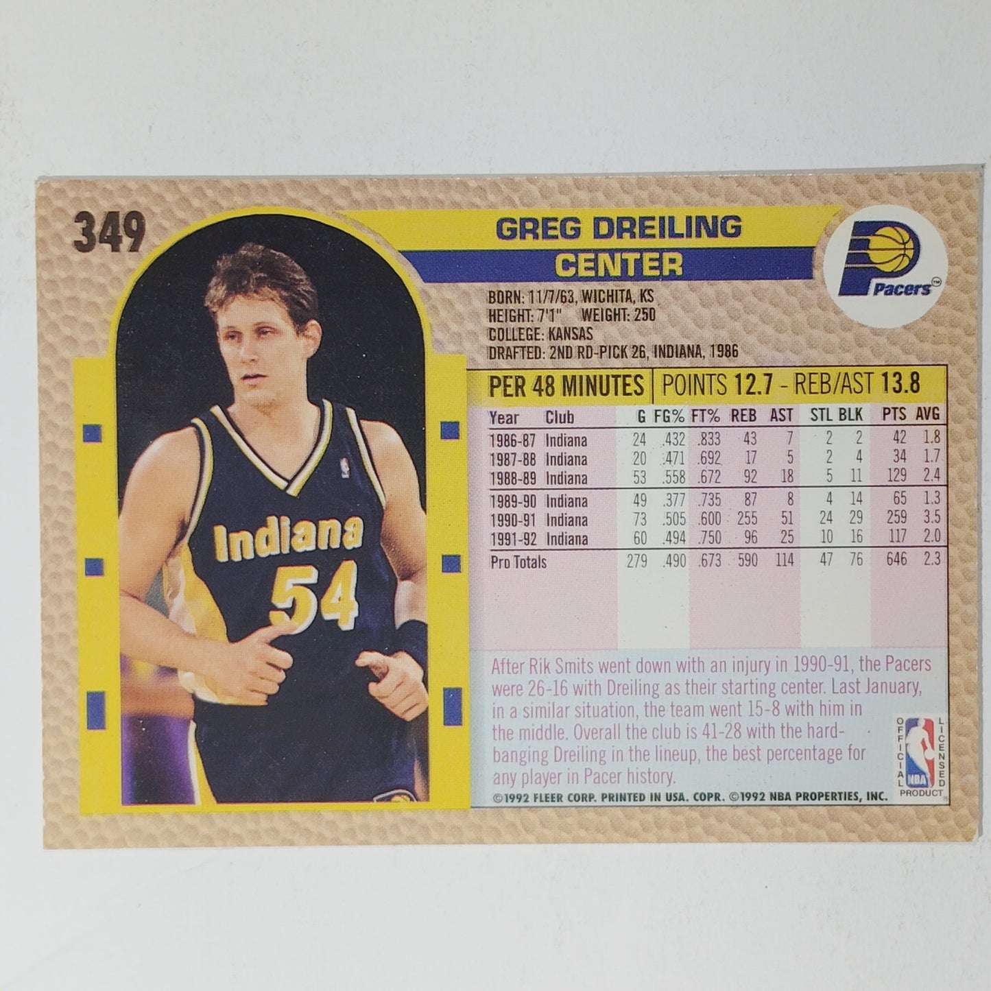 1992–93 Fleer Greg Dreiling #349 – Indiana Pacers – Center – VG/EX