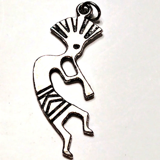 Dancing Kokopelli Charm Patinated Silver‑Tone Metal Etched 1‑1/2" Pendant