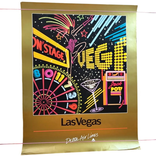 Original Delta Air Lines Las Vegas Travel Poster - 28x22 Gold Foil Airline Art