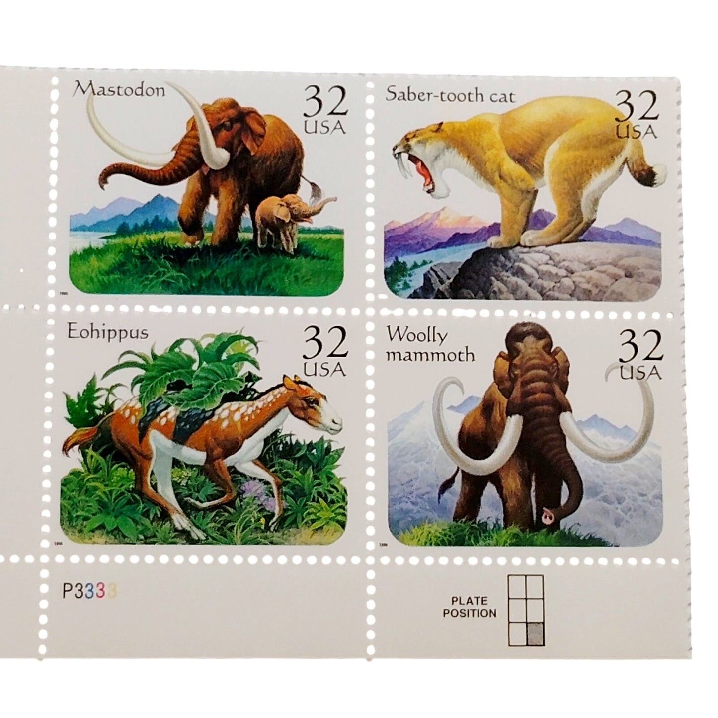 Block of 4 – 1996 USA 32¢ Prehistoric Animals MNH Scott 3080a Commemorative Set