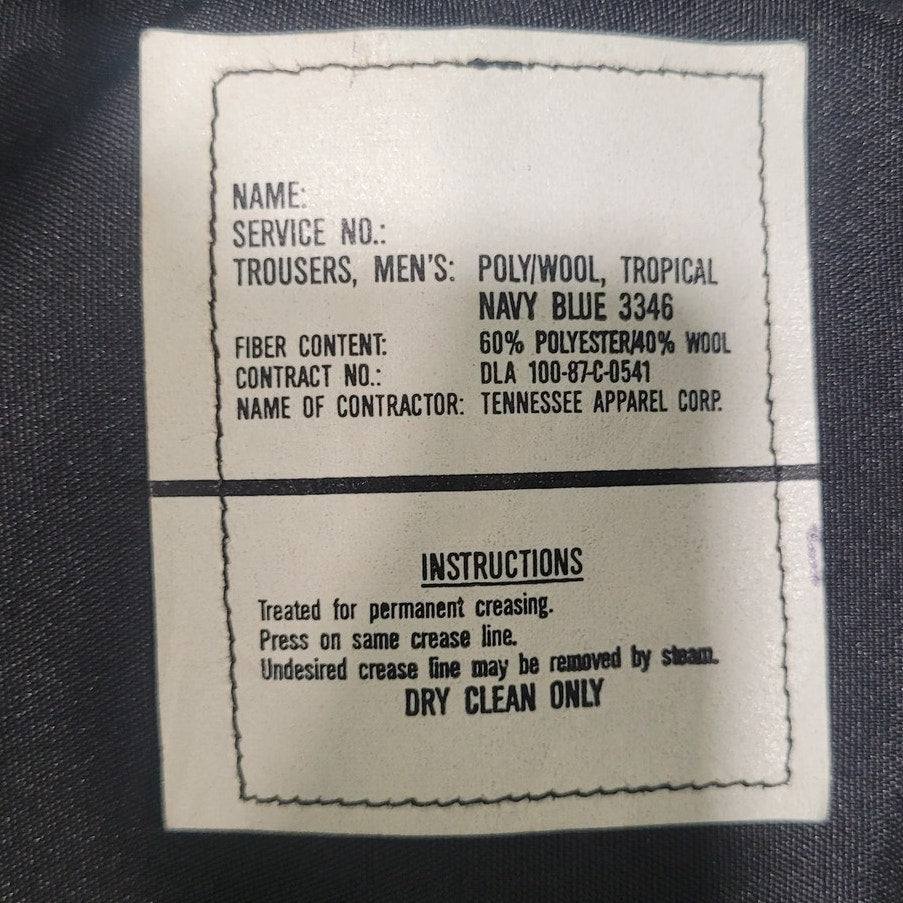 1987 USN Tropical Dress Trousers - Size 26XS - Blue Shade 3346 - 60/40 Poly/Wool