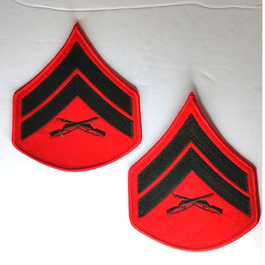 USMC Corporal E‑4 Chevrons Green on Red Male Size Sew‑On 4‑1/2" × 3‑3/4" Pair