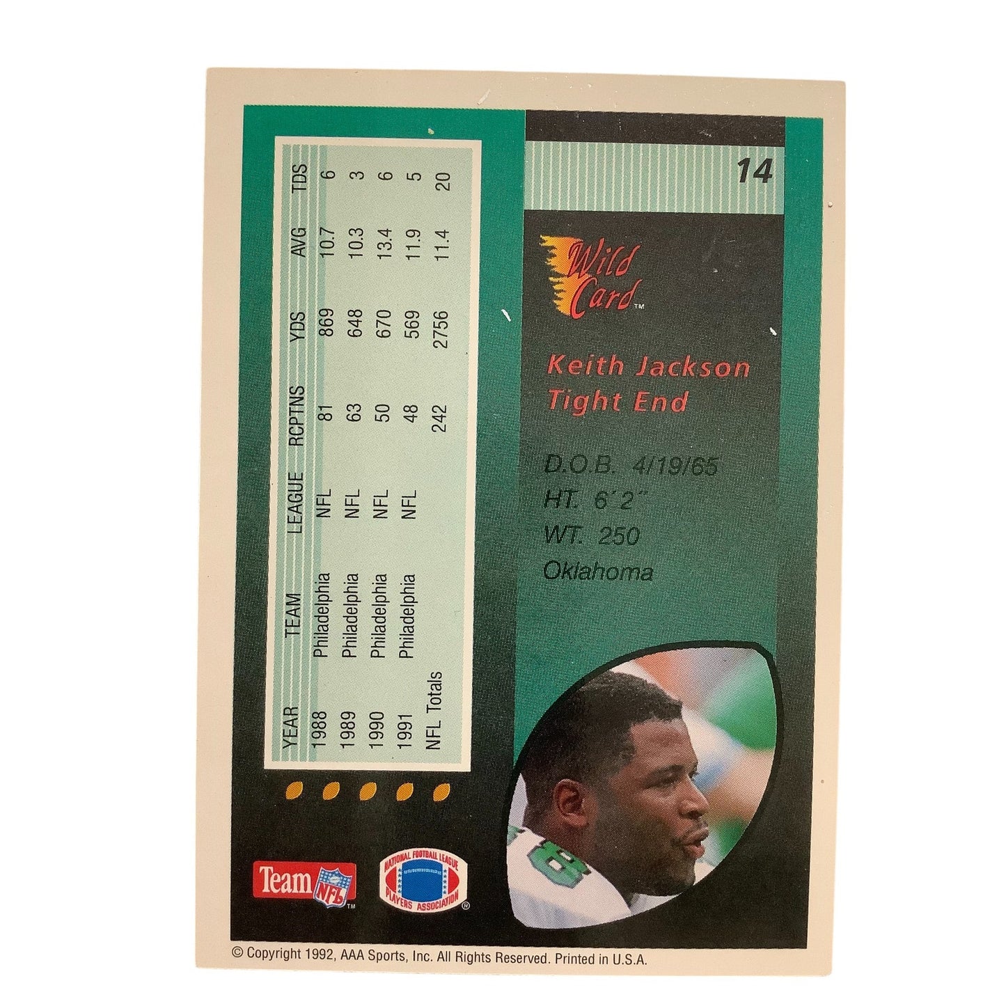 Keith Jackson, Philadelphia Eagles, 1992 AAA Sports Wild Card 14, NM+