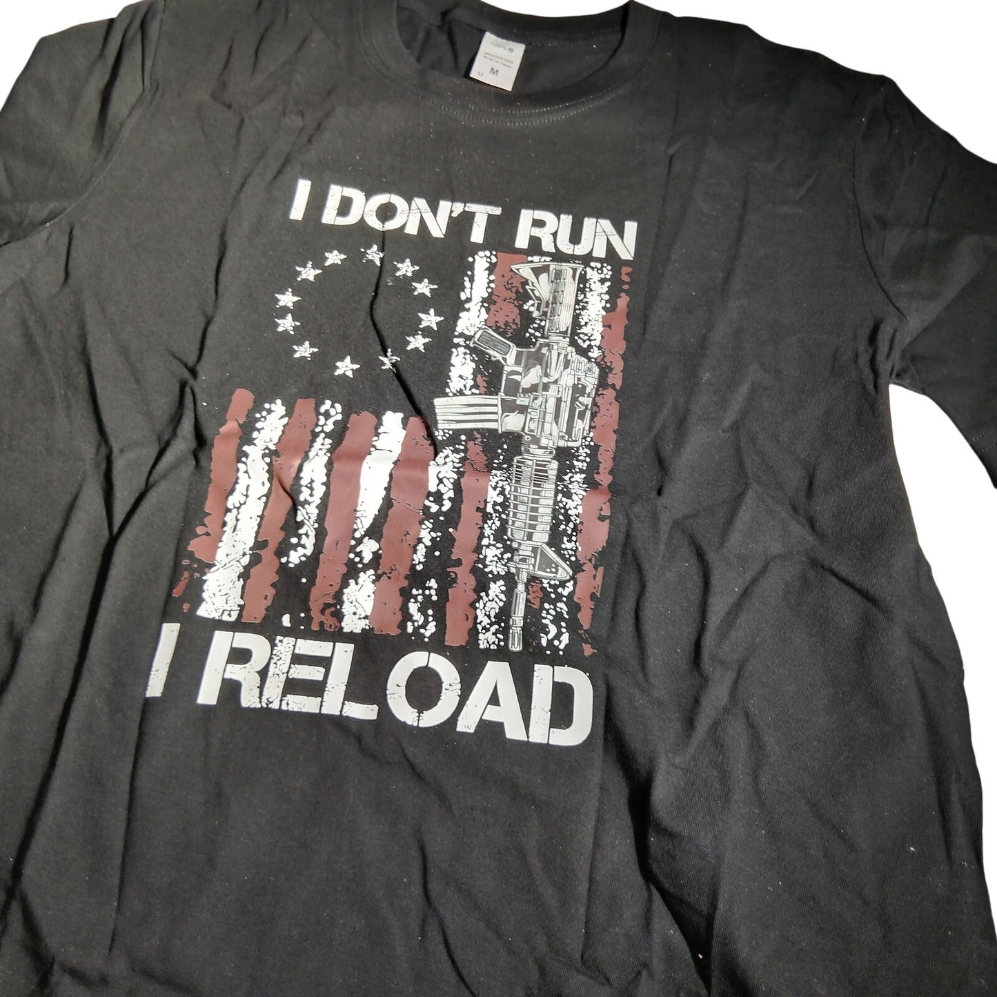 I Dont Run I Reload American Flag Gun Graphic T Shirt Black Cotton Medium