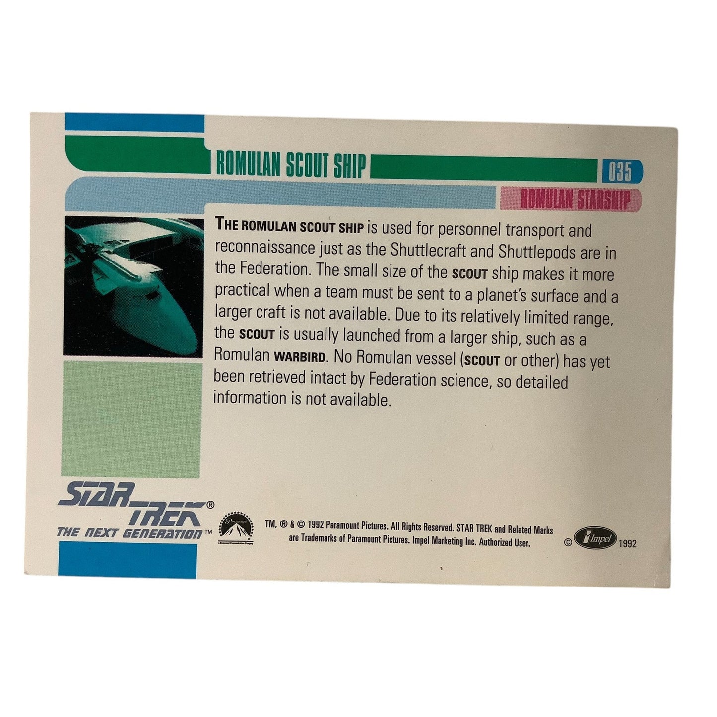 Romulan Scout Ship, Star Trek, The Next Generation, 1992, Impel Card No.035